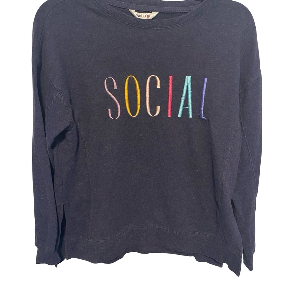 Wildfox Blue Sweatshirt with Colorful 'SOCIAL' Embroidery size Small